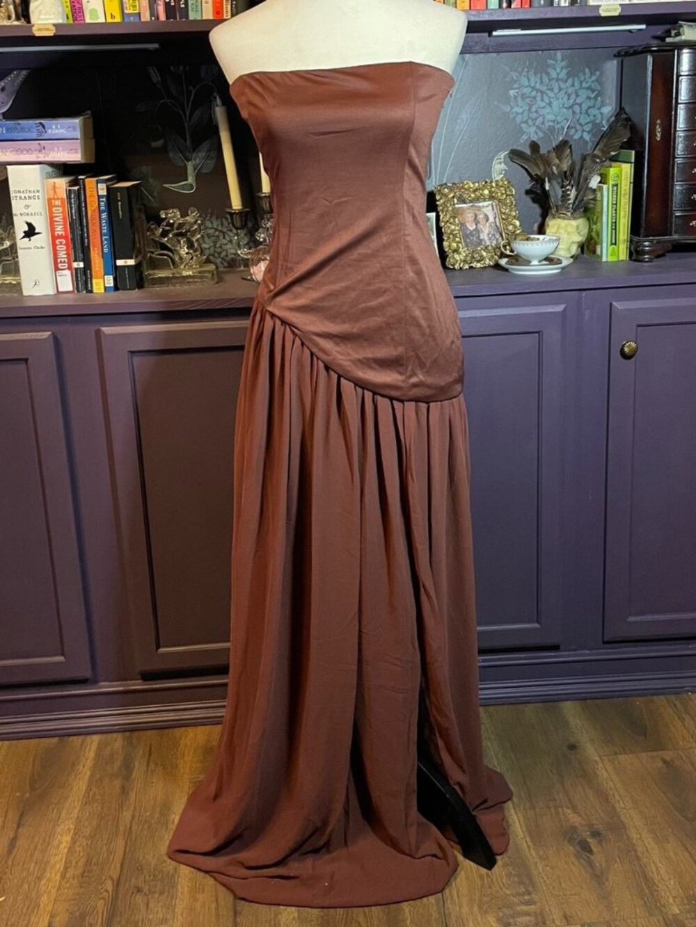Brown Strapless Evening Gown with Lace Up Back